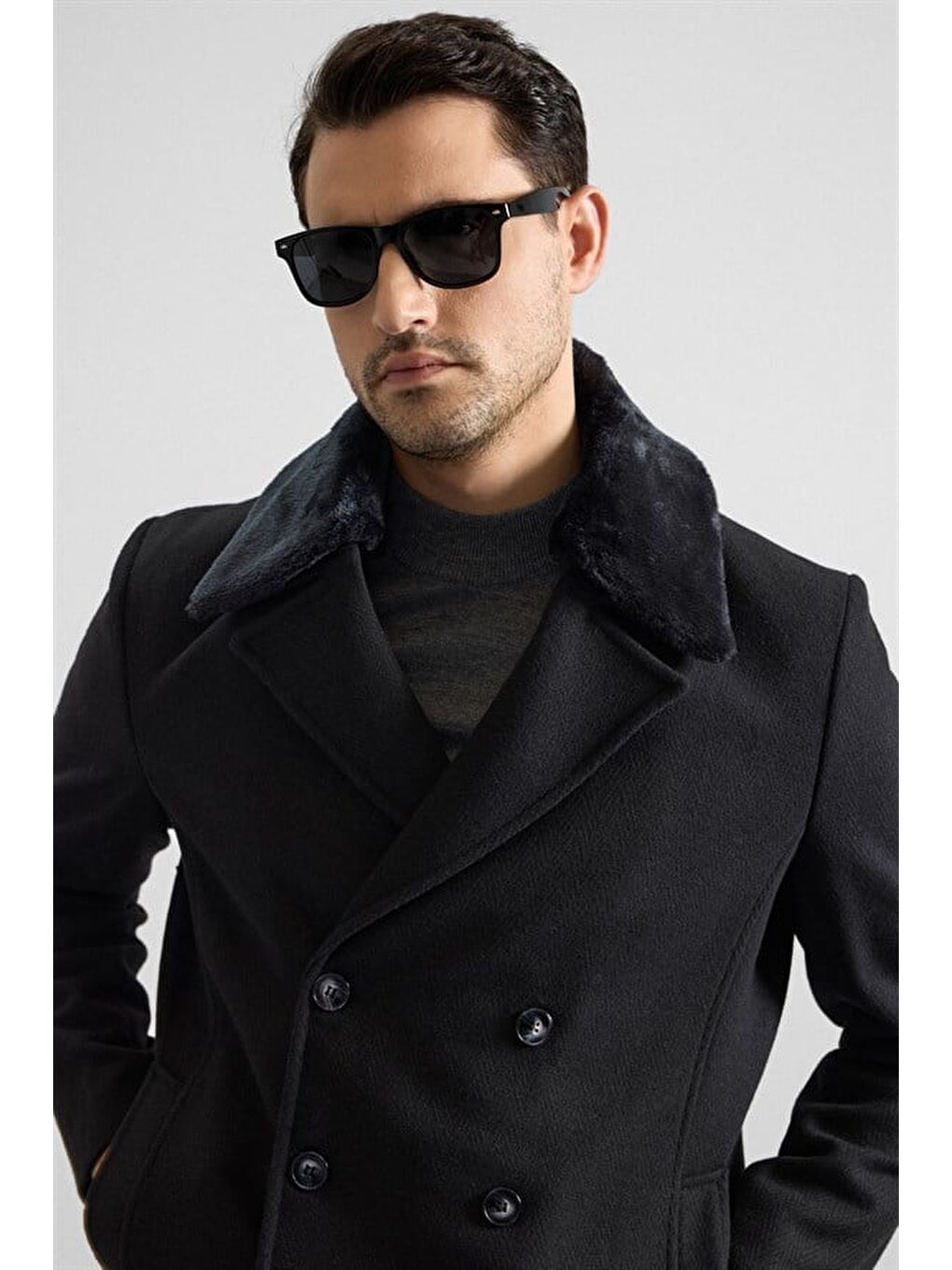 Siyah Slim Kruvaze Yaka Cepsiz Kaban-2