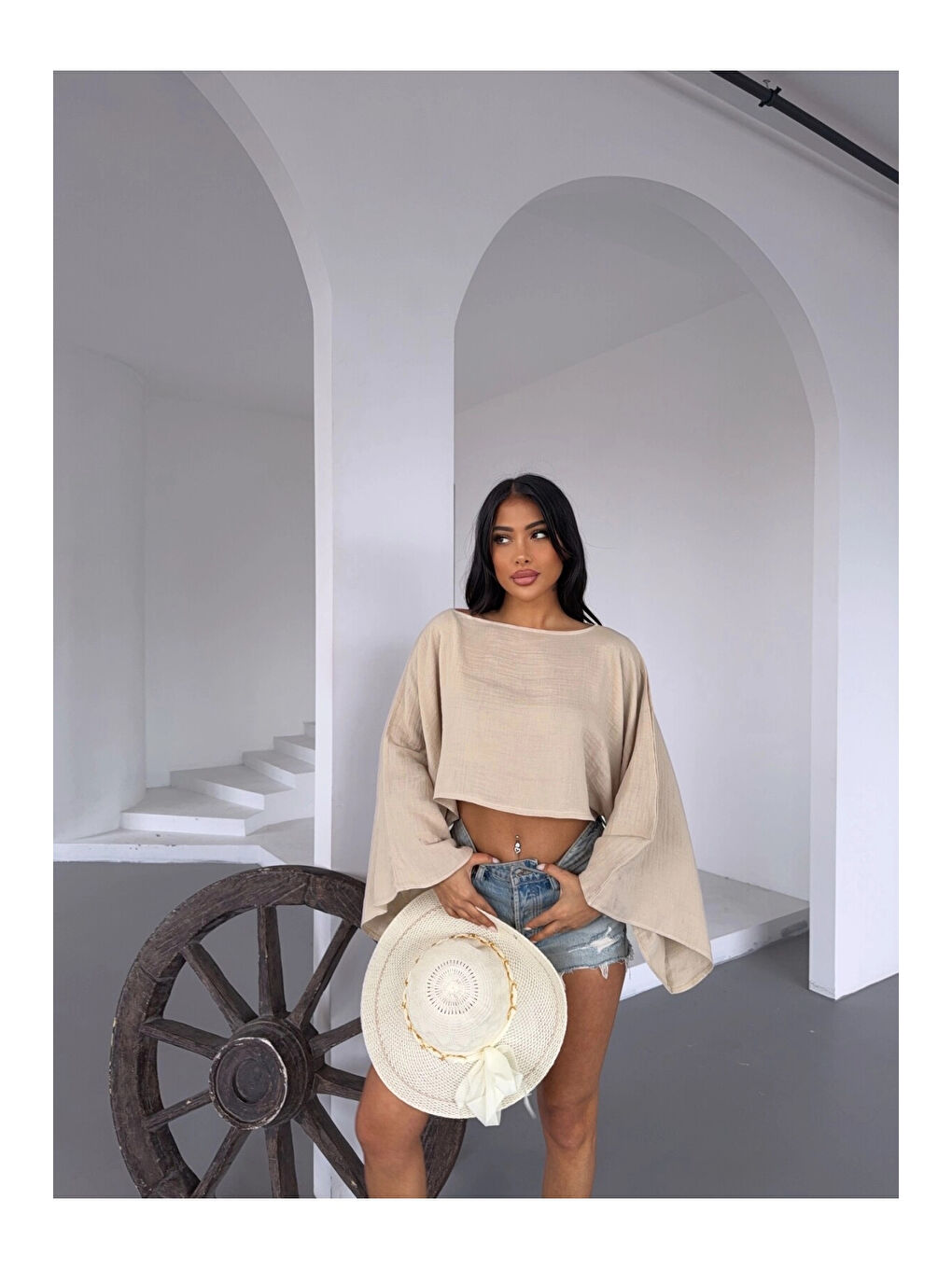 Kadın Bej Panço Model Müslin Bluz HZL25S-DSB16161-2