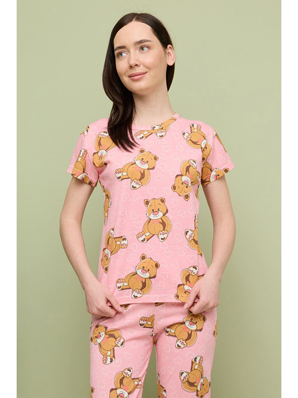 Pembe Kalp Desenli Bisiklet Yaka Kısa Kollu Pijama Takımı-1