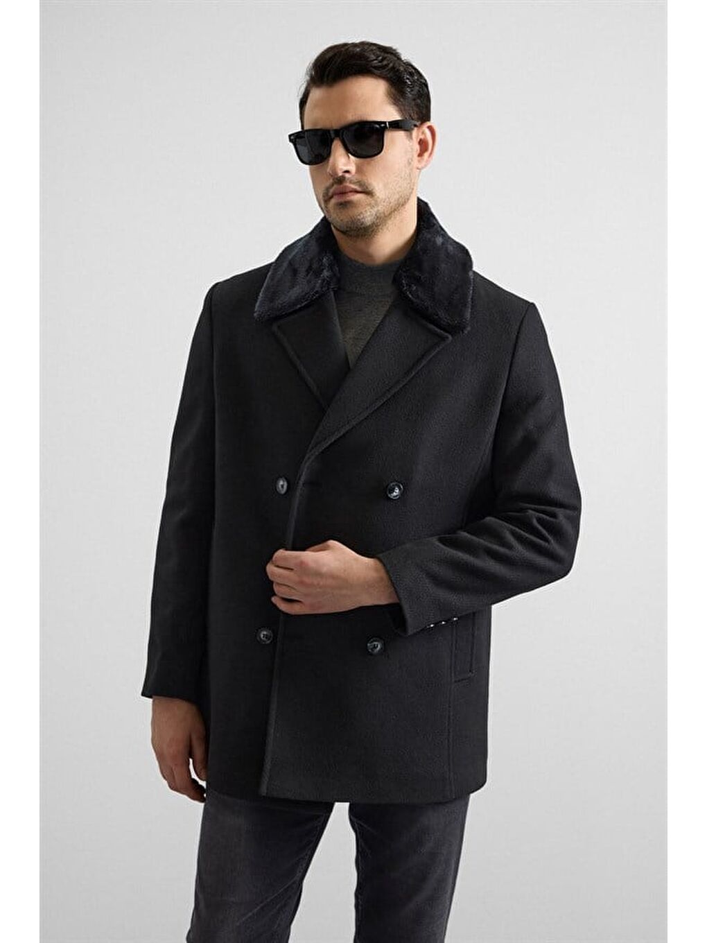 Siyah Slim Kruvaze Yaka Cepsiz Kaban-3