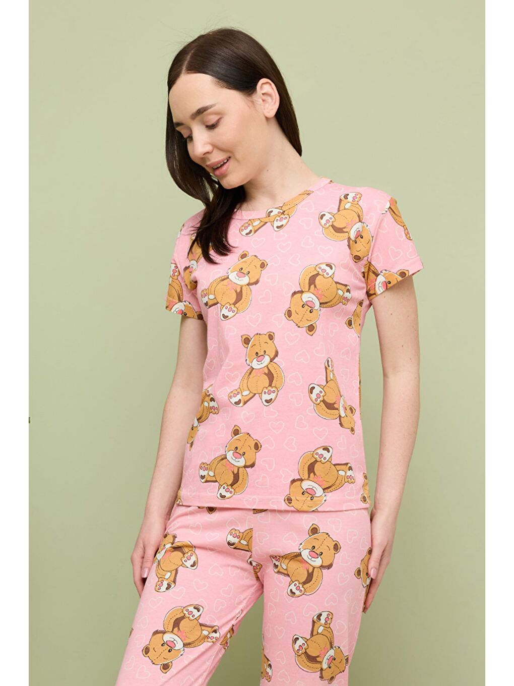 Pembe Kalp Desenli Bisiklet Yaka Kısa Kollu Pijama Takımı-2