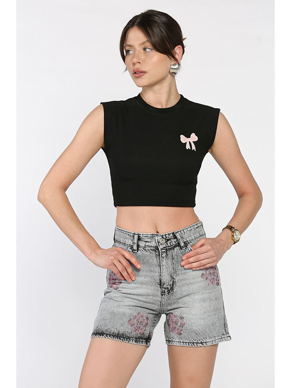 Gri Kadın Çiçek Taşlı Jean Jean Şort-1