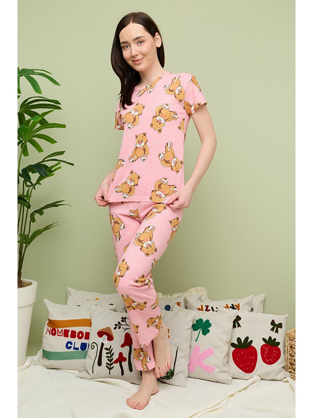 Pembe Kalp Desenli Bisiklet Yaka Kısa Kollu Pijama Takımı-3