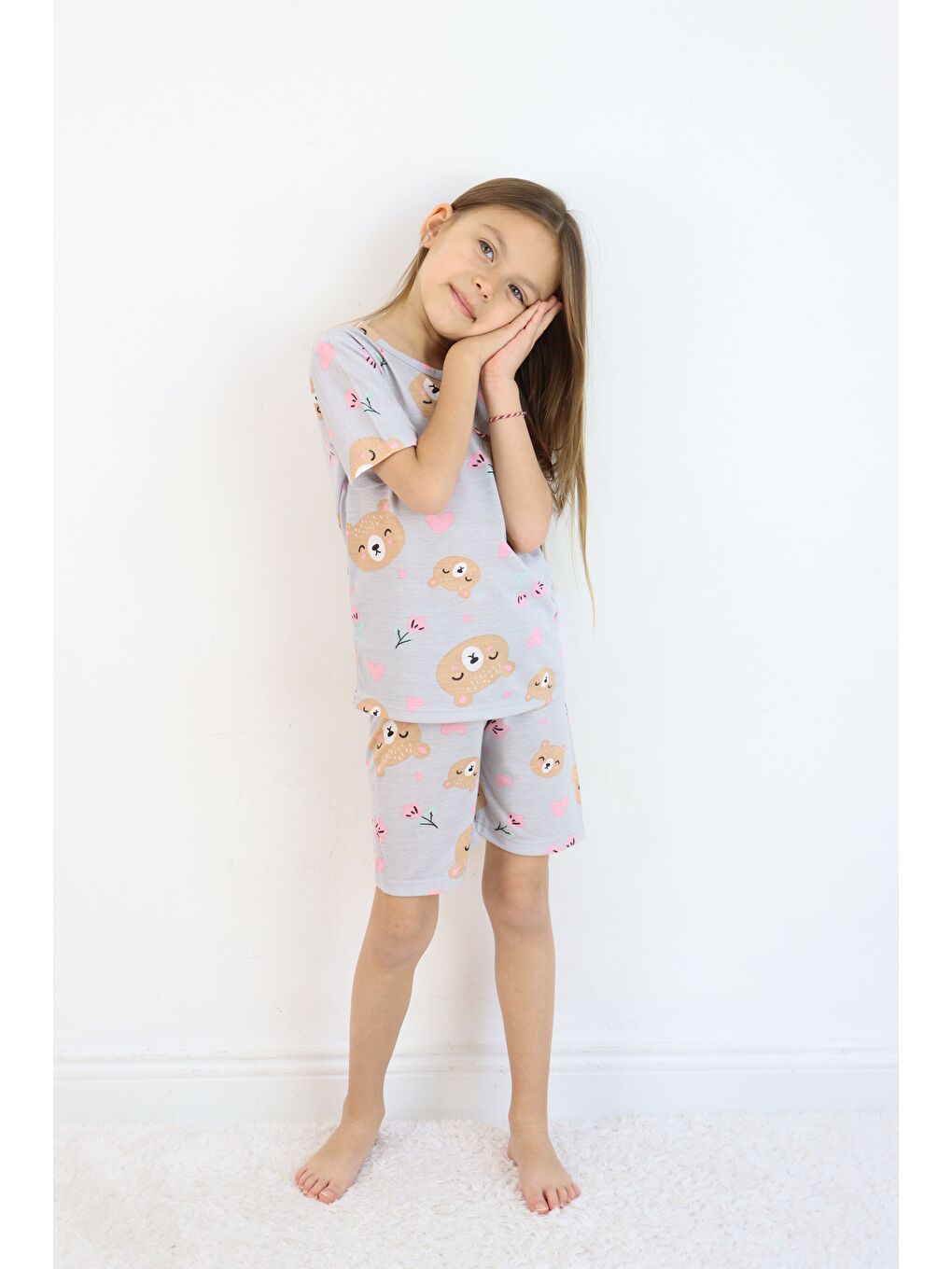 Gri Kız Çocuk Pamuklu Penye Kumaş Şortlu Pijama Takımı-1