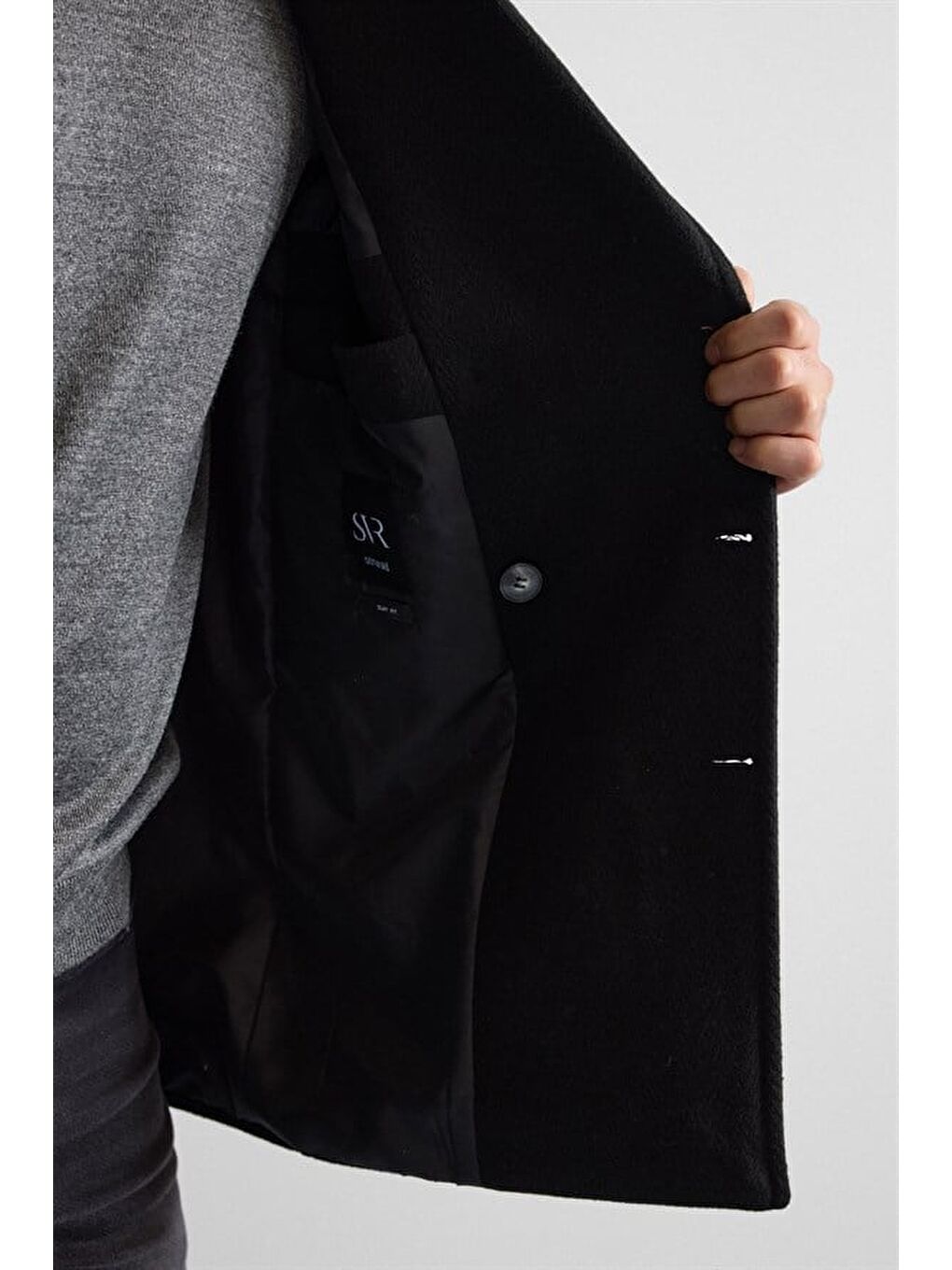 Siyah Slim Kruvaze Yaka Cepsiz Kaban-4