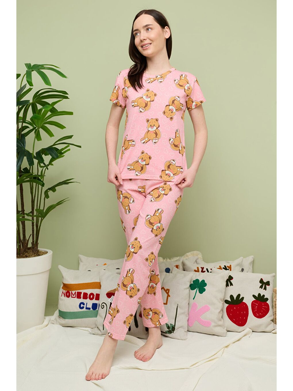 Pembe Kalp Desenli Bisiklet Yaka Kısa Kollu Pijama Takımı-4