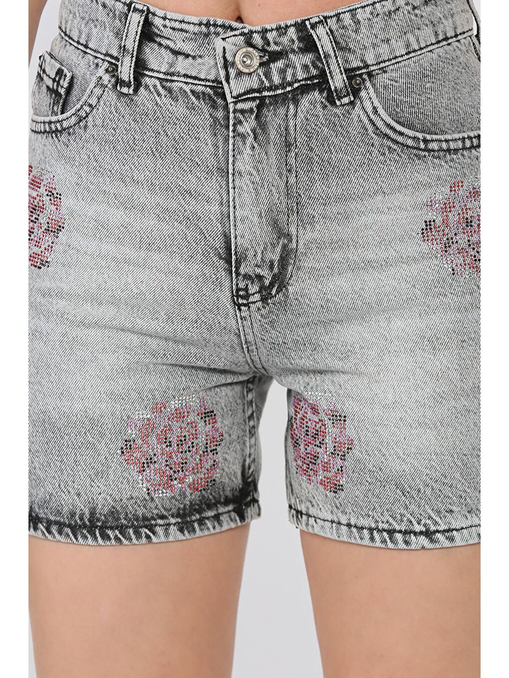Gri Kadın Çiçek Taşlı Jean Jean Şort-3