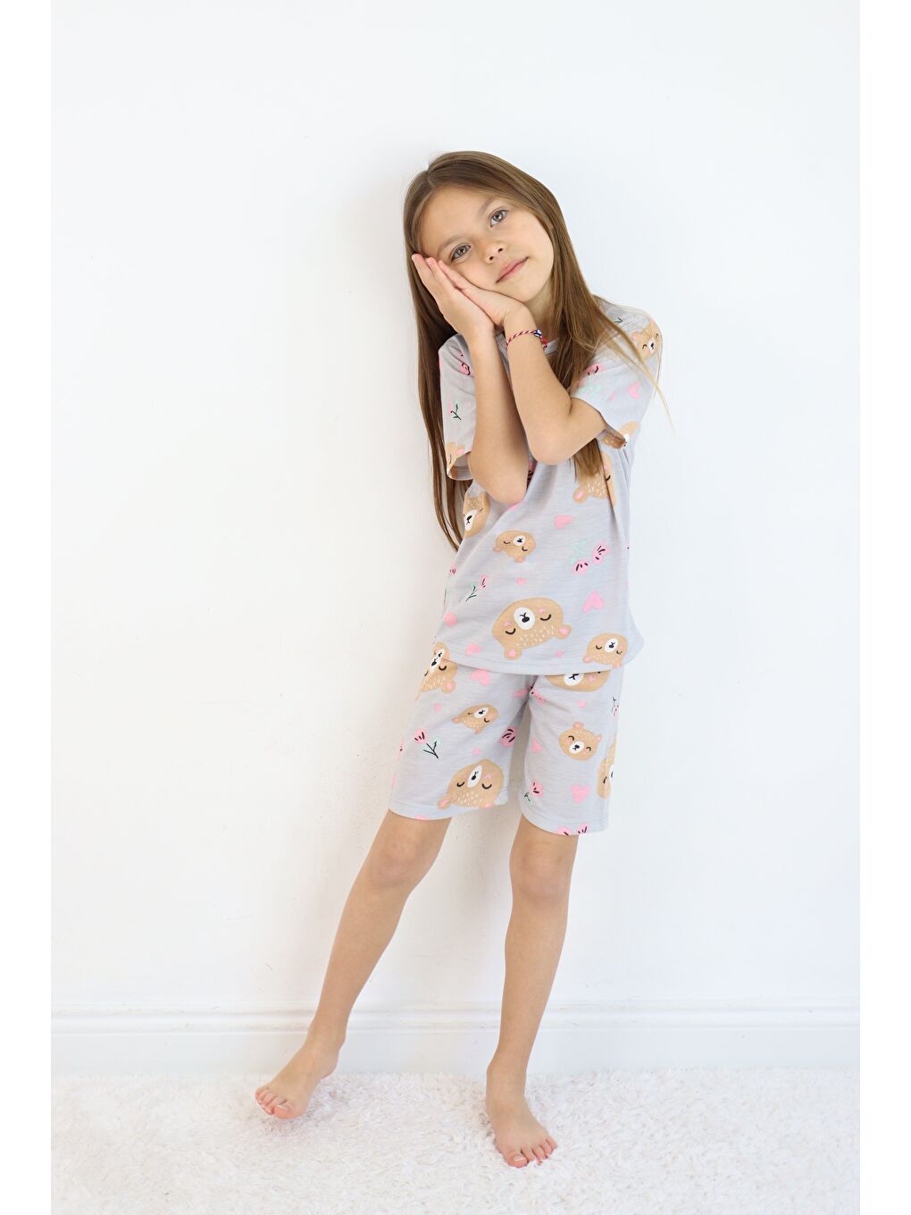 Gri Kız Çocuk Pamuklu Penye Kumaş Şortlu Pijama Takımı-2