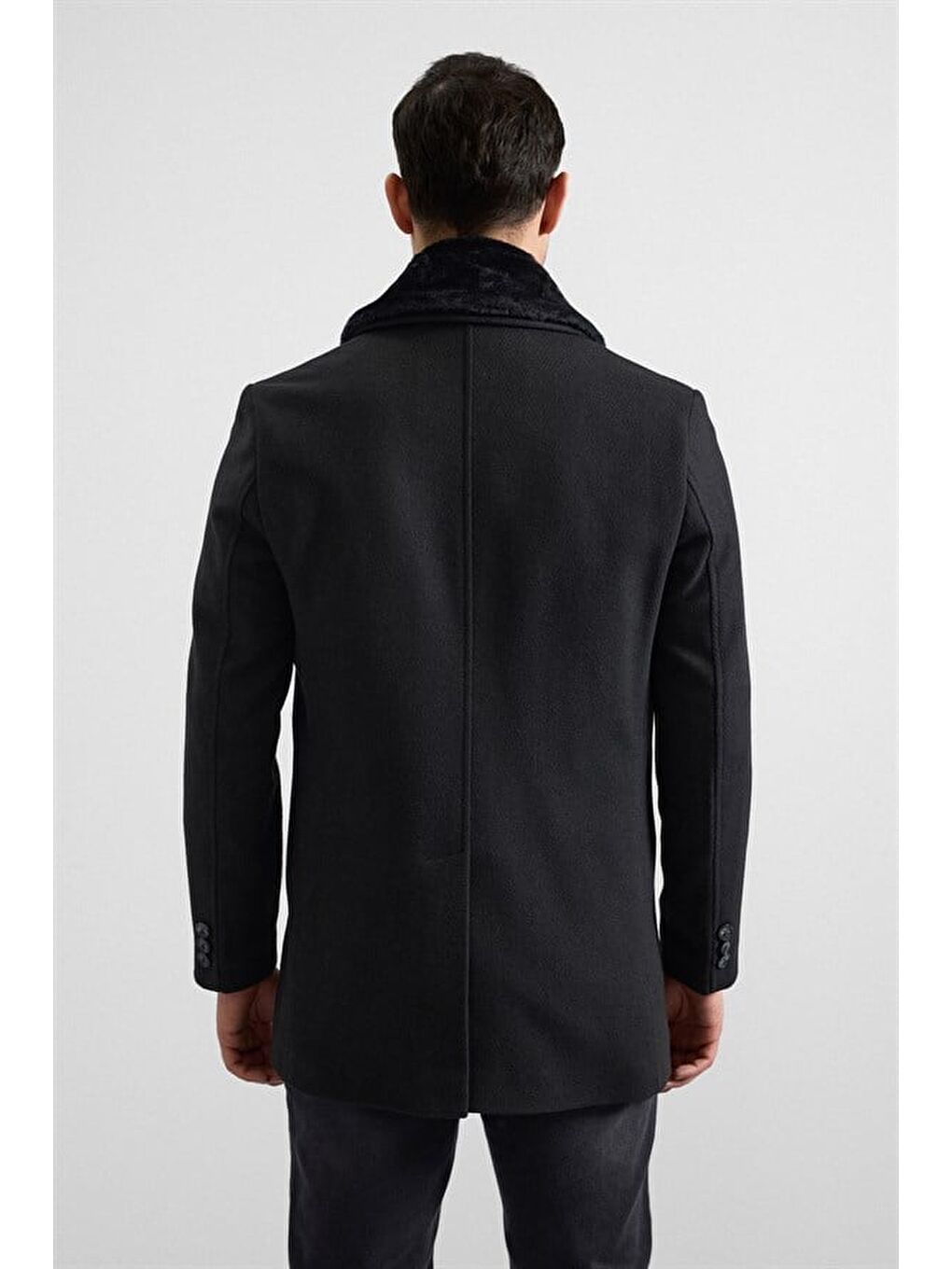 Siyah Slim Kruvaze Yaka Cepsiz Kaban-5