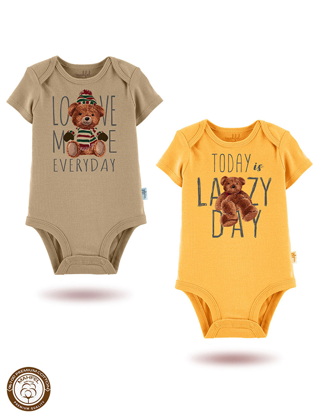 Ekru %100 Pamuklu 2'li Kısa Kollu Çıtçıtlı Bebek Body Zıbın 1-15