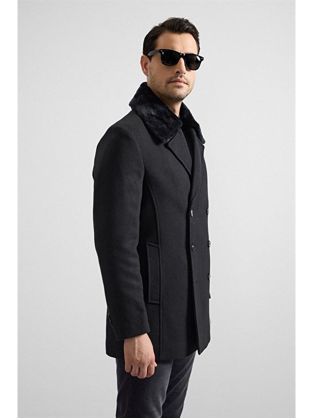 Siyah Slim Kruvaze Yaka Cepsiz Kaban-6