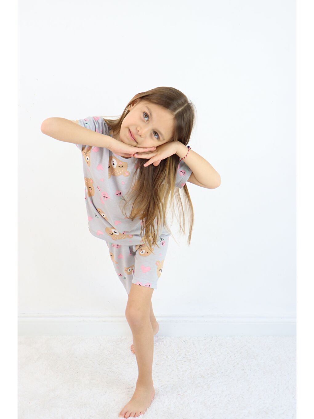 Gri Kız Çocuk Pamuklu Penye Kumaş Şortlu Pijama Takımı-4