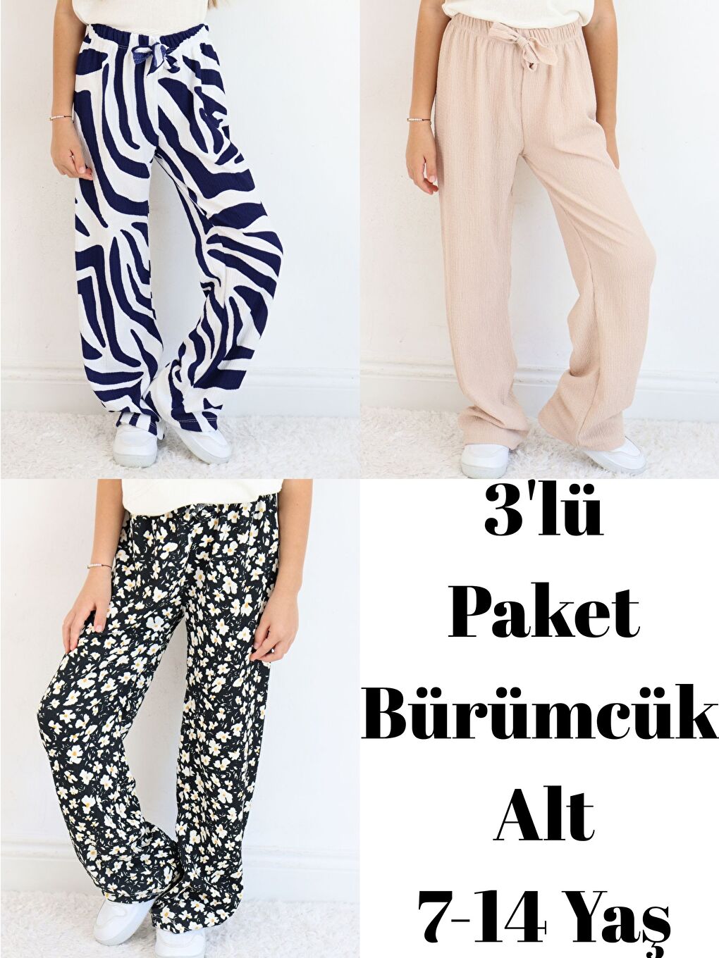 Lacivert Kız Çocuk Bürümcük Kumaş Bol Paça Rahat Model Tek Alt (3'lü Paket)