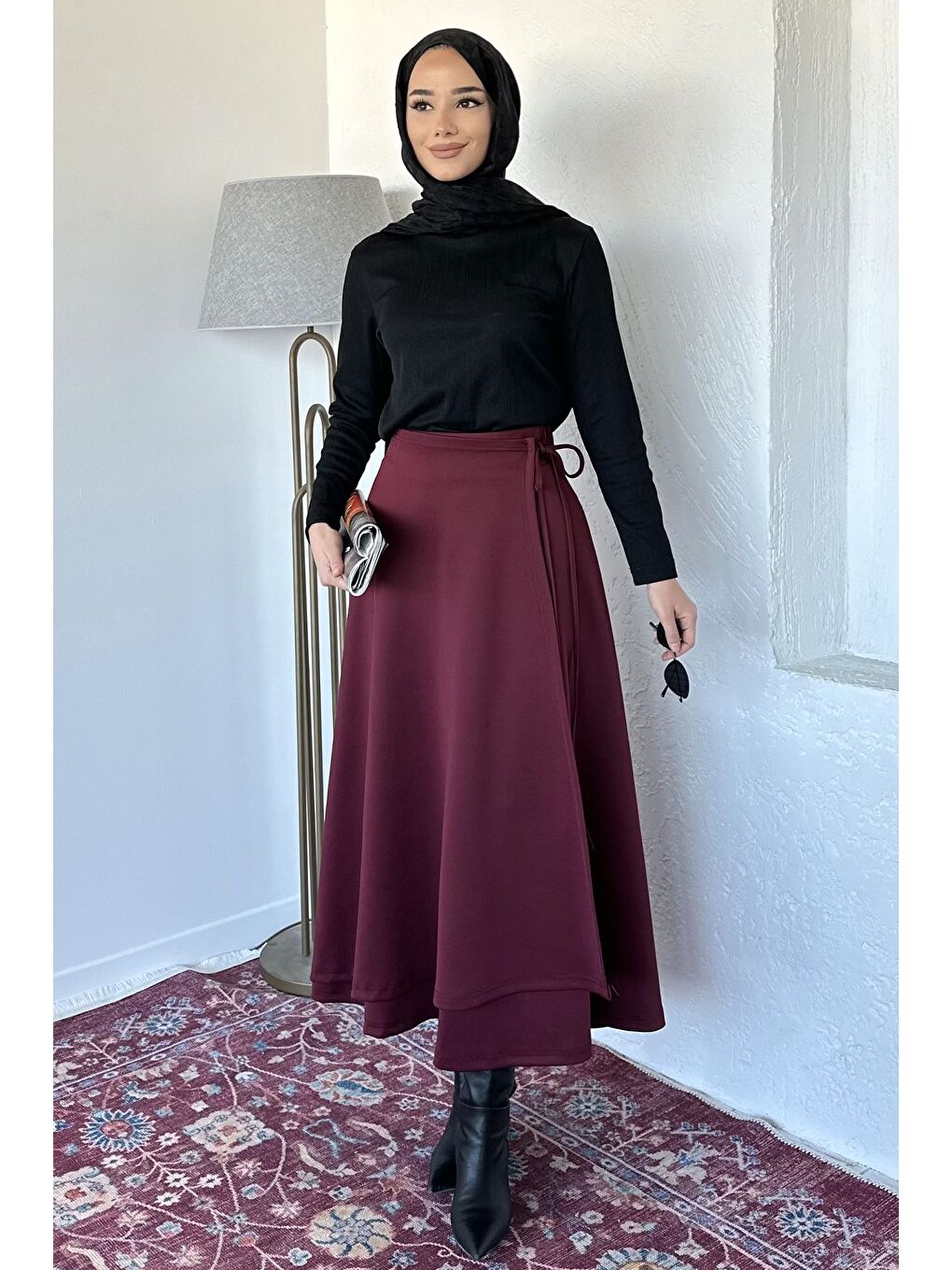 Bordo Bel Bağlama Detaylı Kiloş Scuba Tesettür Etek-3