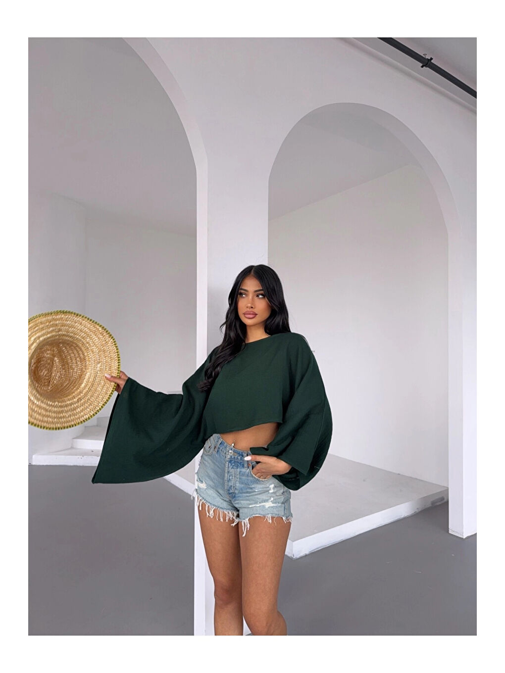 Kadın Zümrüt Yeşil Panço Model Müslin Bluz HZL25S-DSB16161