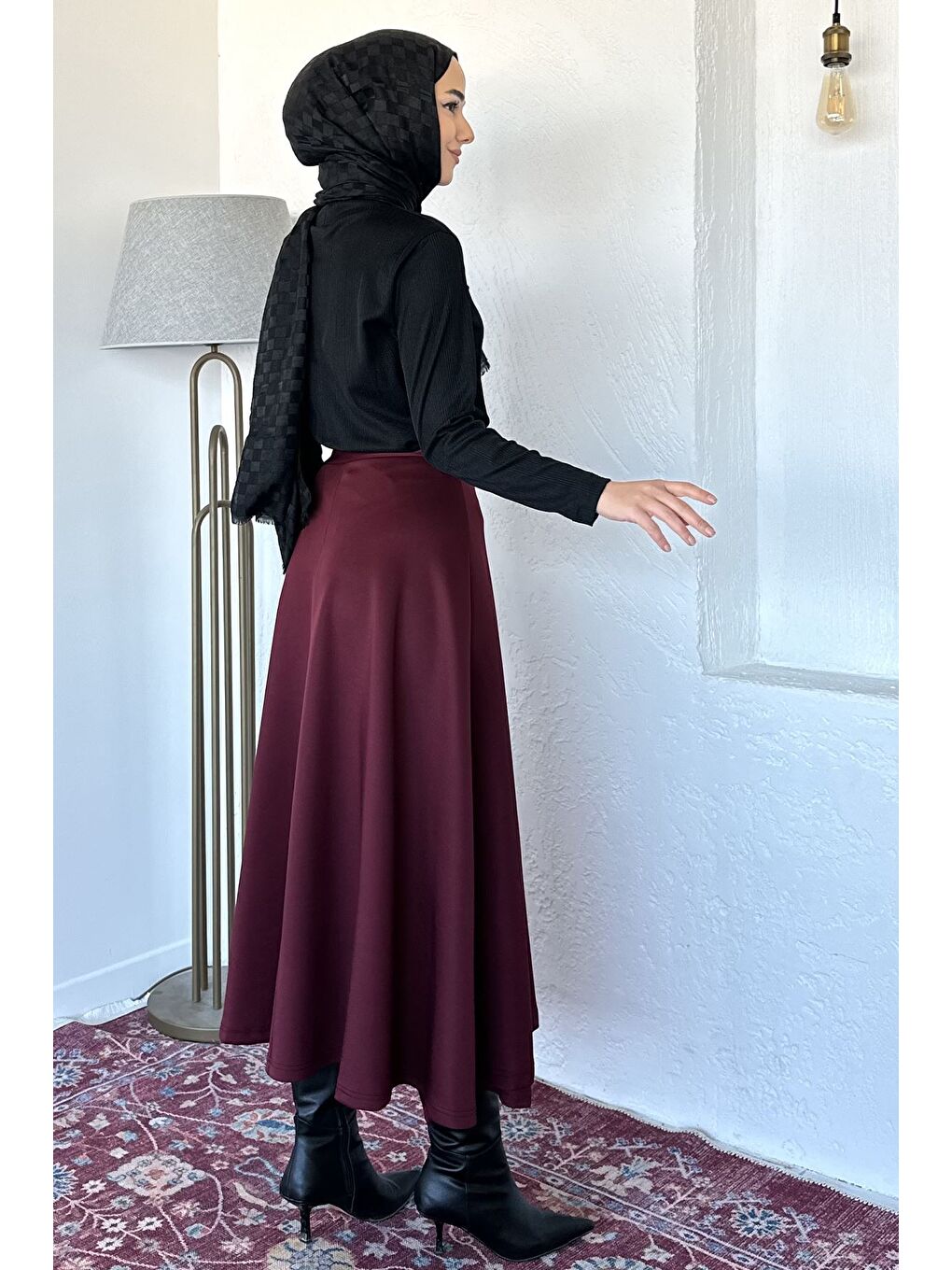 Bordo Bel Bağlama Detaylı Kiloş Scuba Tesettür Etek-4