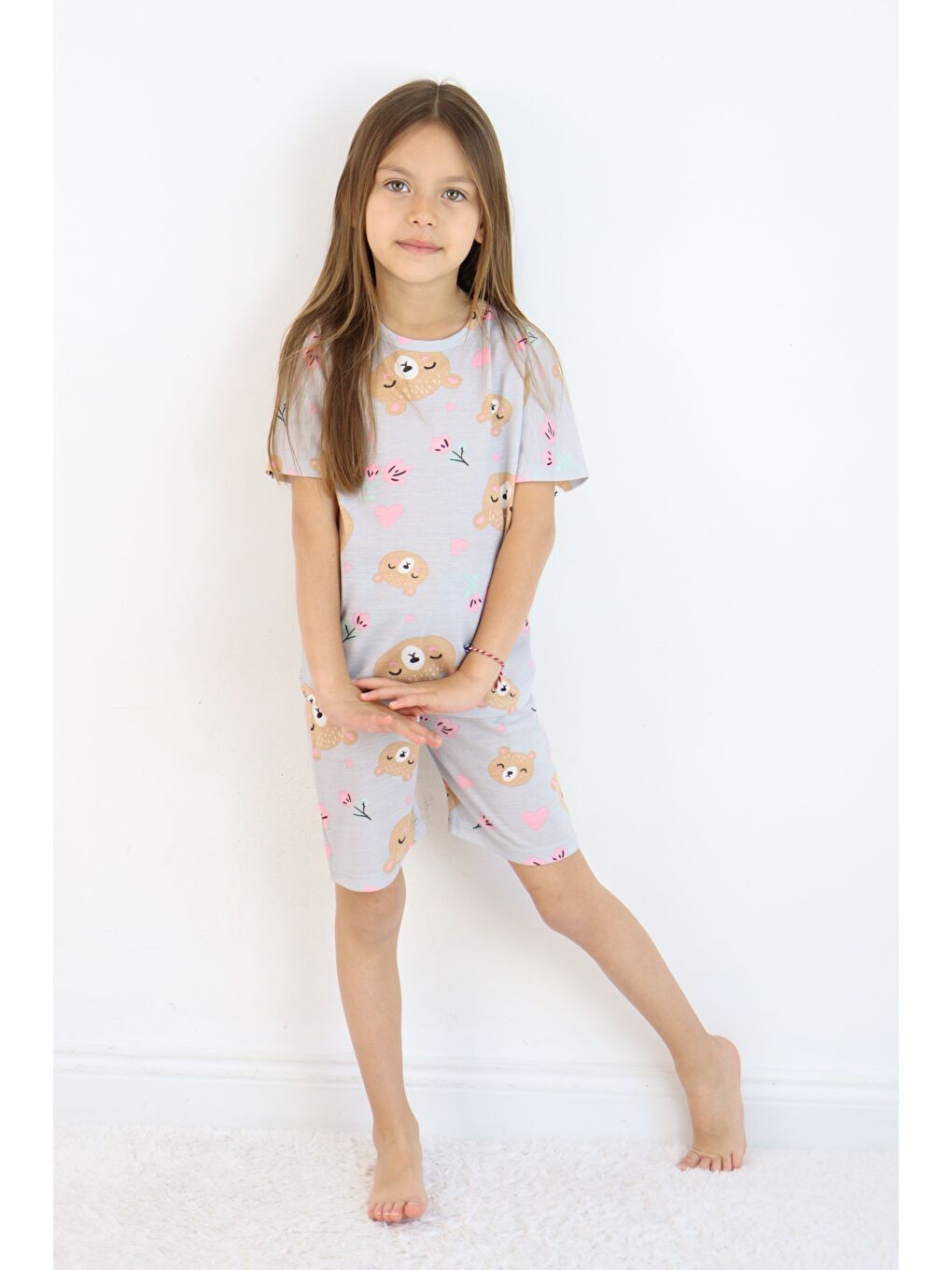 Gri Kız Çocuk Pamuklu Penye Kumaş Şortlu Pijama Takımı-5