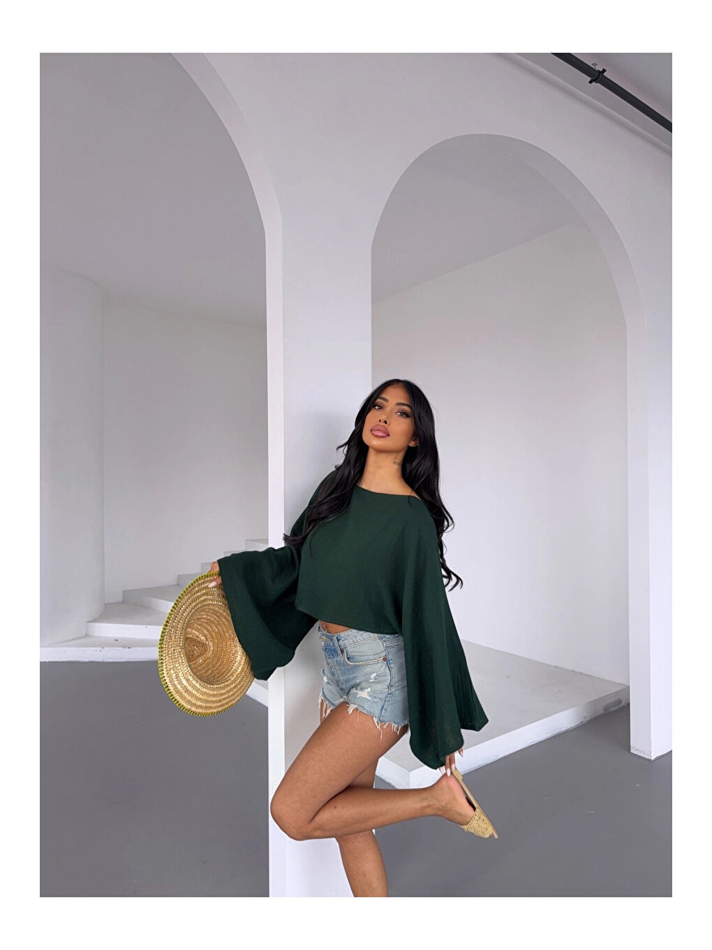 Kadın Zümrüt Yeşil Panço Model Müslin Bluz HZL25S-DSB16161-1
