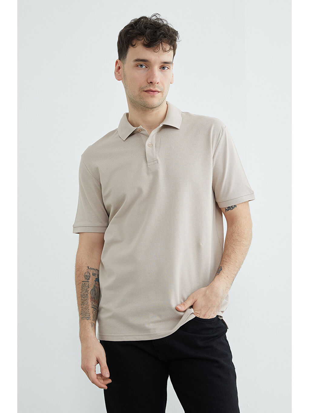 Bej Basic Polo Yaka Pike Tişört-1