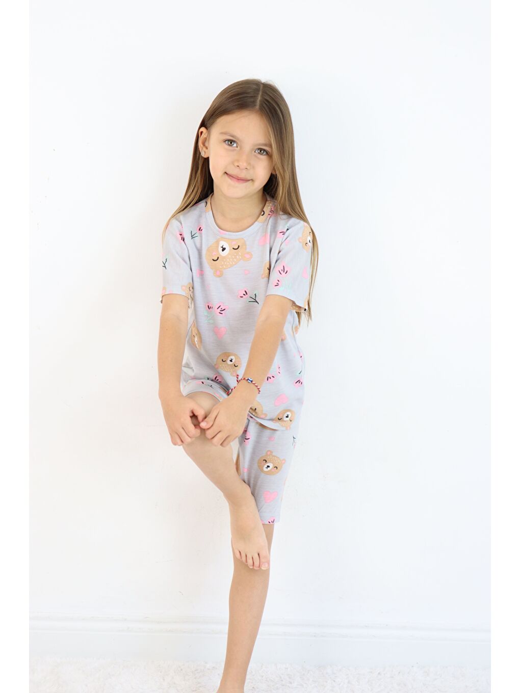 Gri Kız Çocuk Pamuklu Penye Kumaş Şortlu Pijama Takımı-6