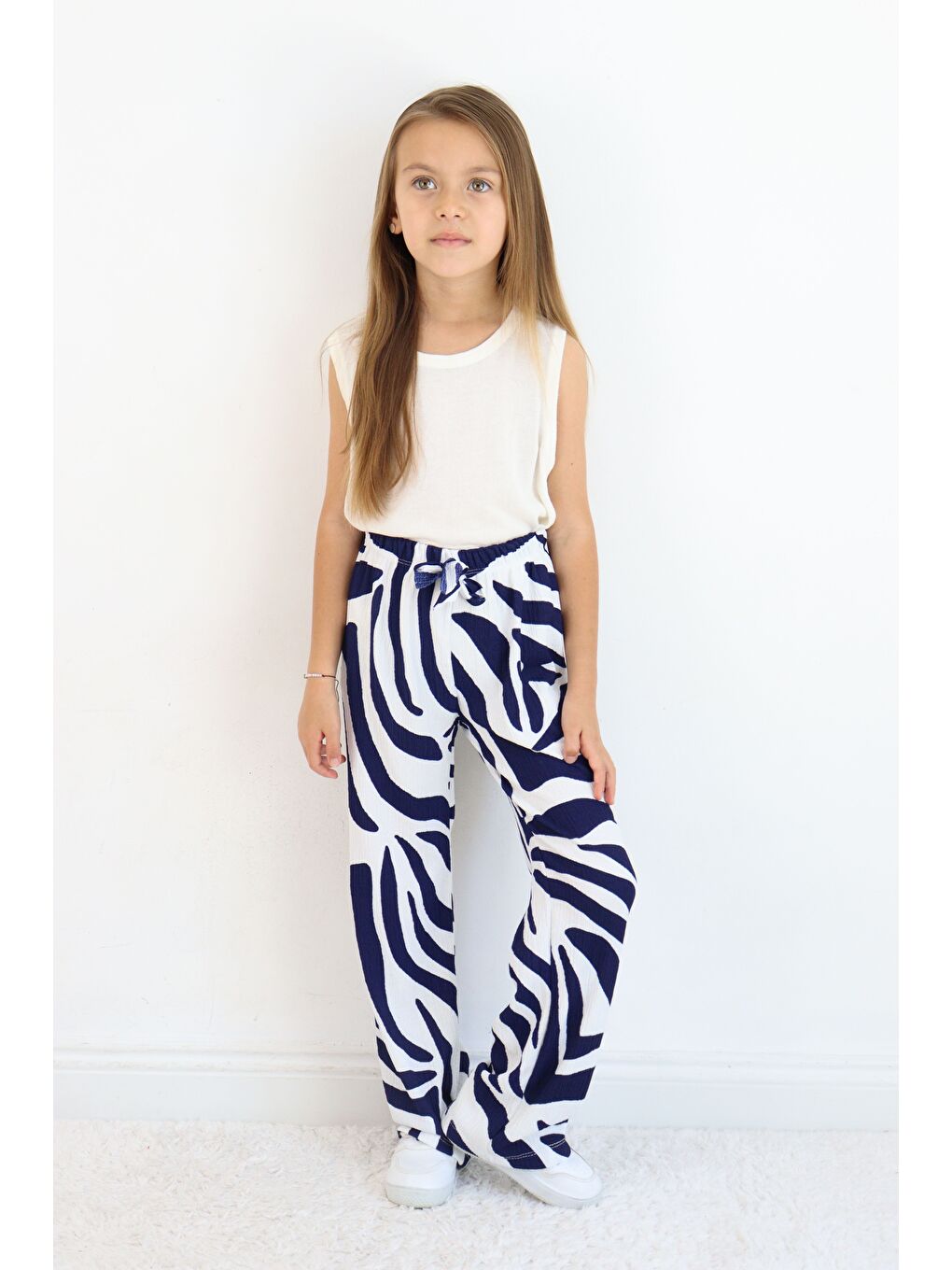 Lacivert Kız Çocuk Bürümcük Kumaş Bol Paça Rahat Model Tek Alt (3'lü Paket)-1