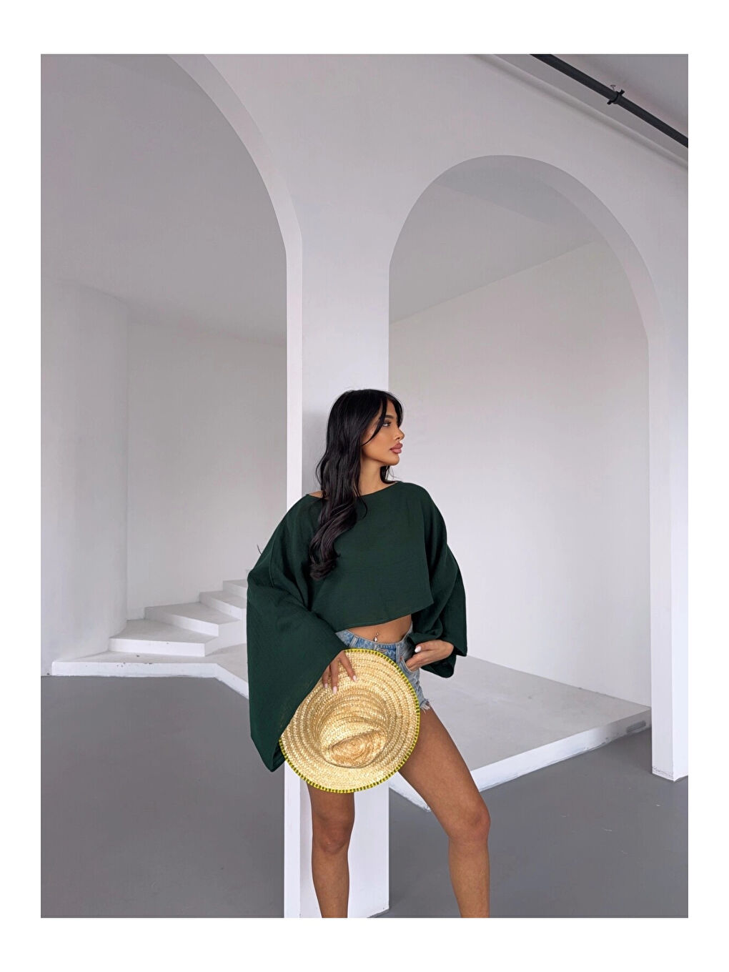 Kadın Zümrüt Yeşil Panço Model Müslin Bluz HZL25S-DSB16161-2