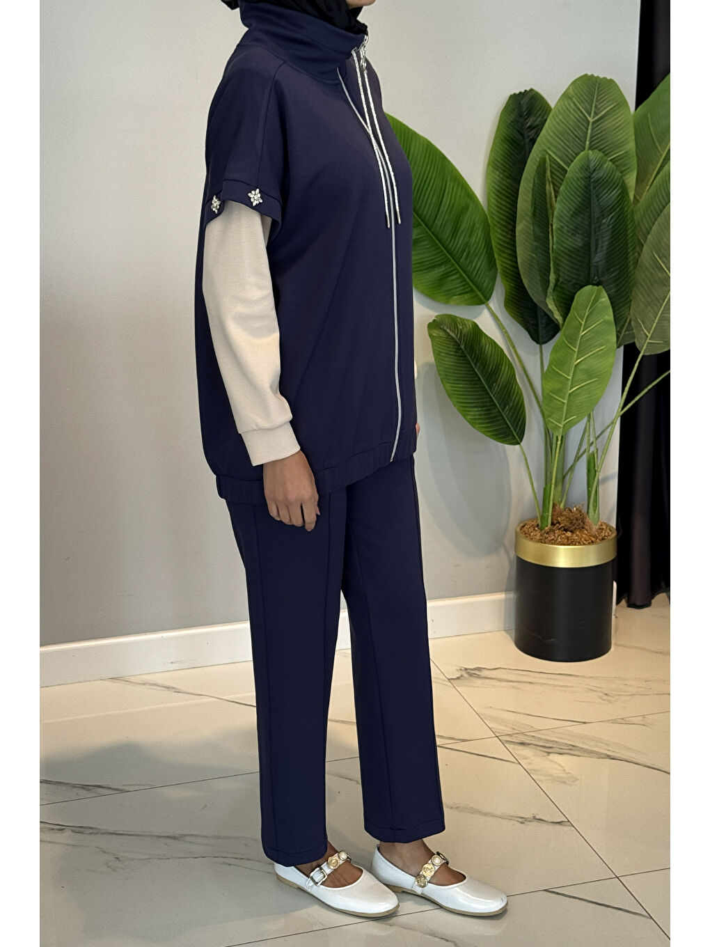 Yelekli Taş Detaylı 3lü Takım 25168 Lacivert-1