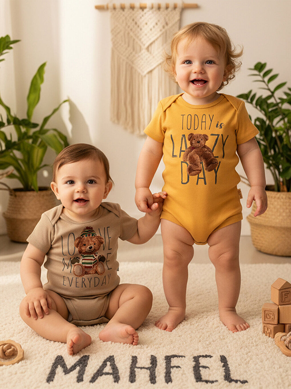 Ekru %100 Pamuklu 2'li Kısa Kollu Çıtçıtlı Bebek Body Zıbın 1-15-1