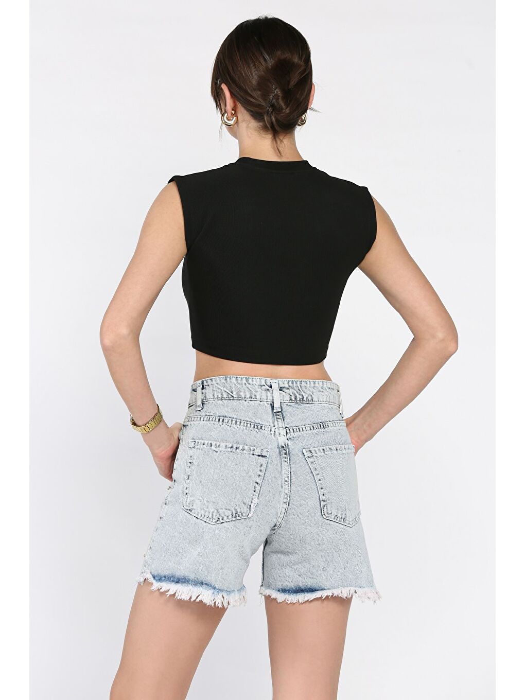 Mavi Kadın Taşlı Paça Püsküllü Jean Jean Şort-2
