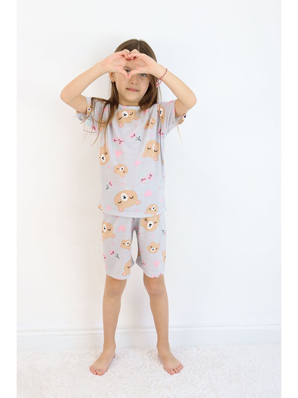 Gri Kız Çocuk Pamuklu Penye Kumaş Şortlu Pijama Takımı-7