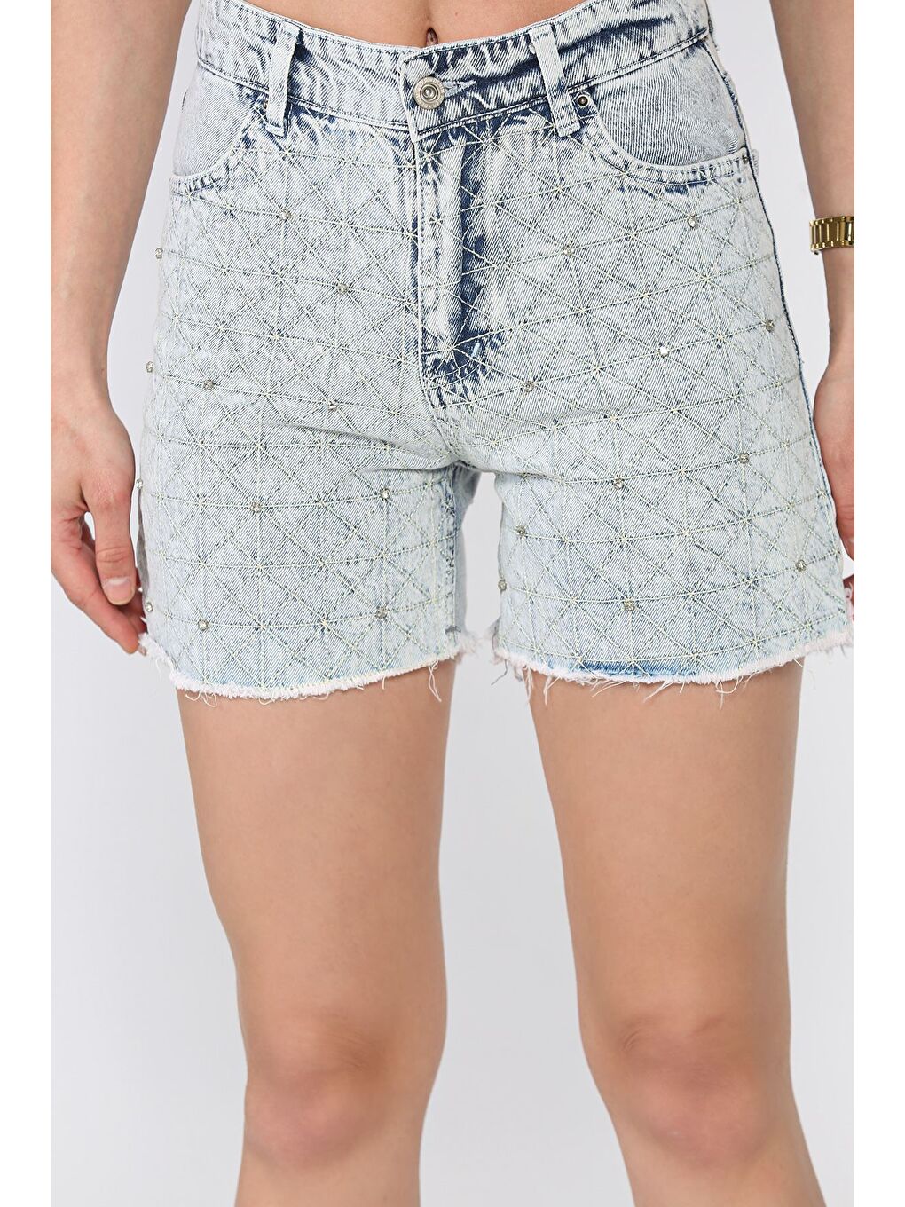 Mavi Kadın Taşlı Paça Püsküllü Jean Jean Şort-3