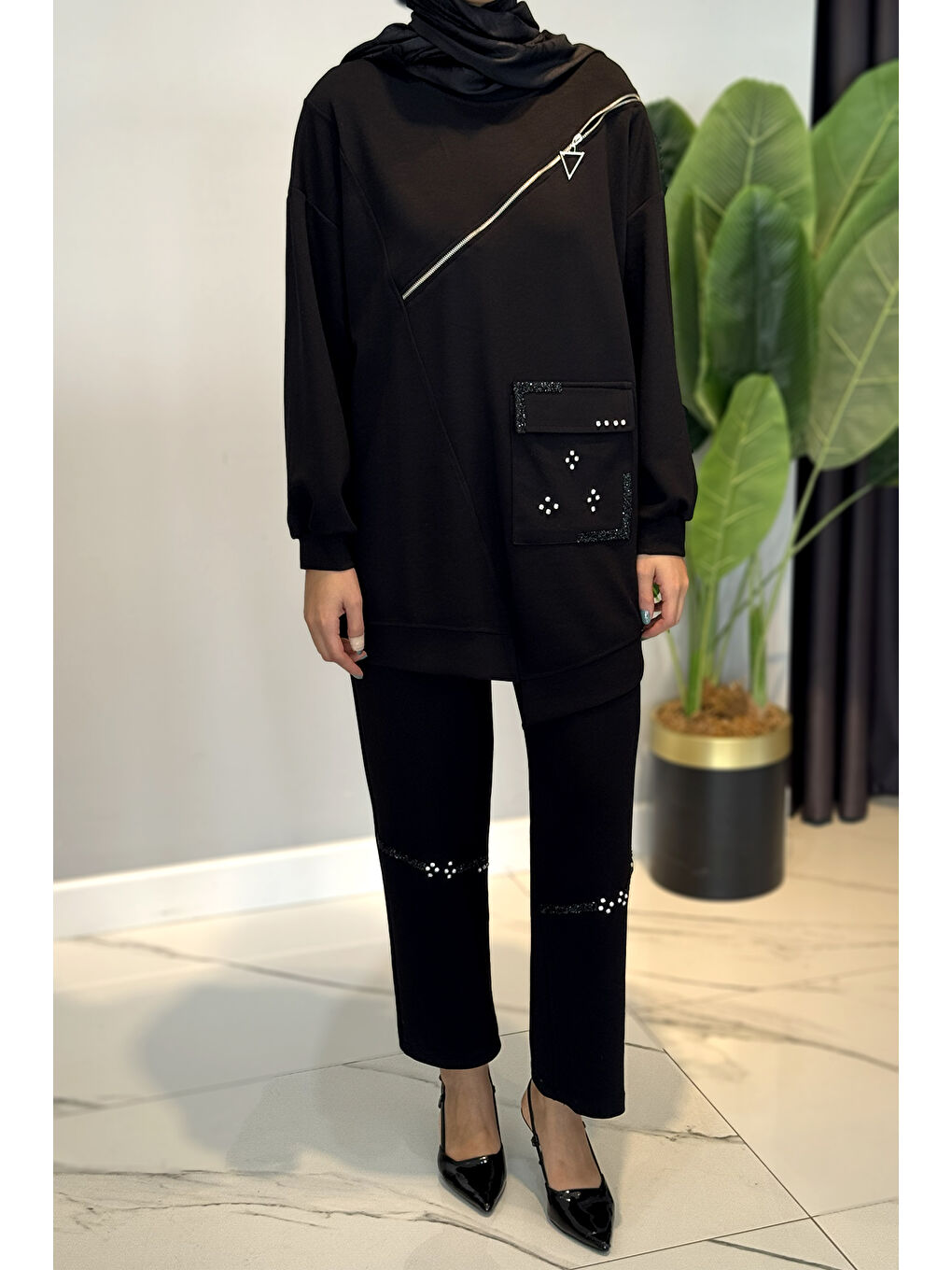 Taş ve Fermuar Detaylı Modal Takım 120276 Siyah