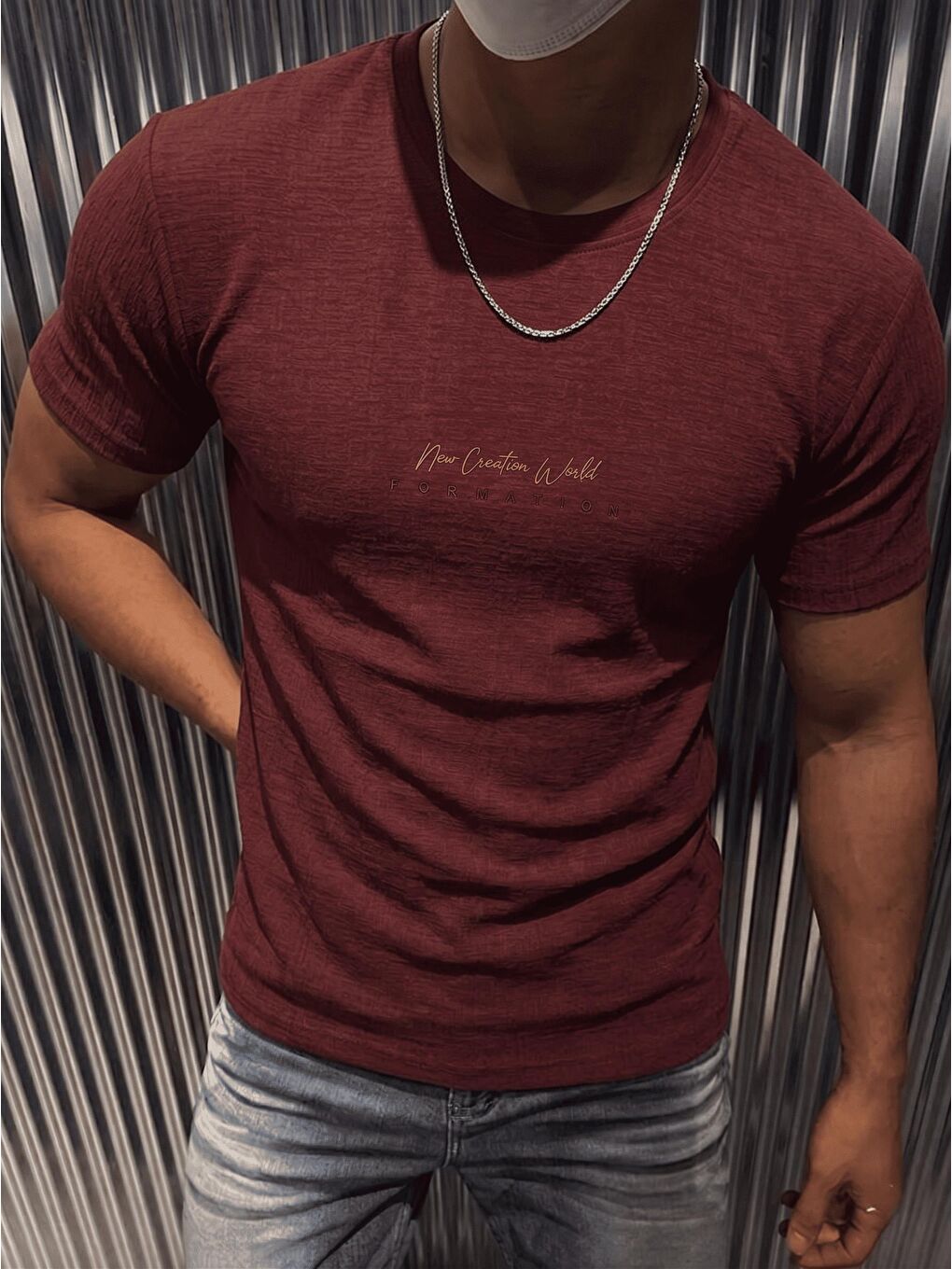 Bordo Formation Flok Baskılı Kabuk Desen Slim Fit Erkek Elastanlı Tişört