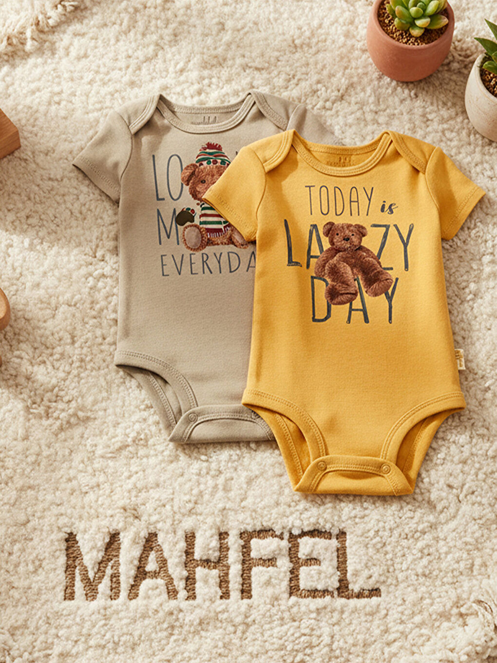 Ekru %100 Pamuklu 2'li Kısa Kollu Çıtçıtlı Bebek Body Zıbın 1-15-2