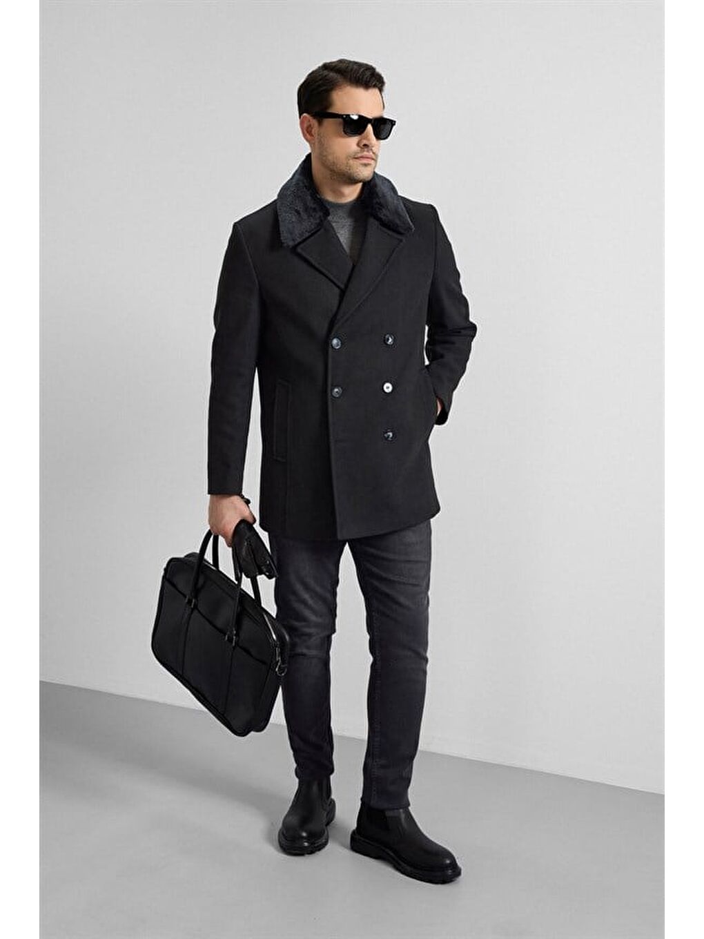 Siyah Slim Kruvaze Yaka Cepsiz Kaban-9