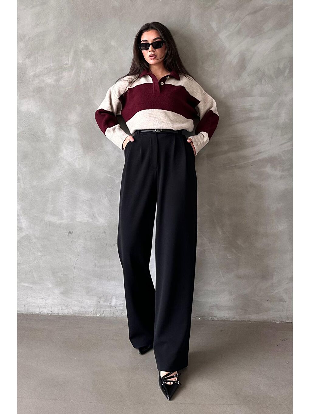 Siyah Çift Pileli Kemerli Pantolon Mg2330-1