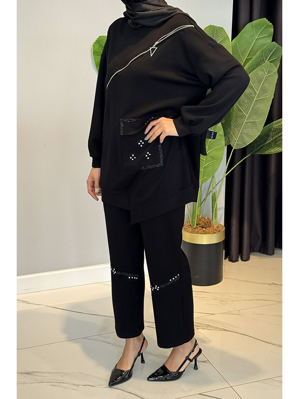 Taş ve Fermuar Detaylı Modal Takım 120276 Siyah-1