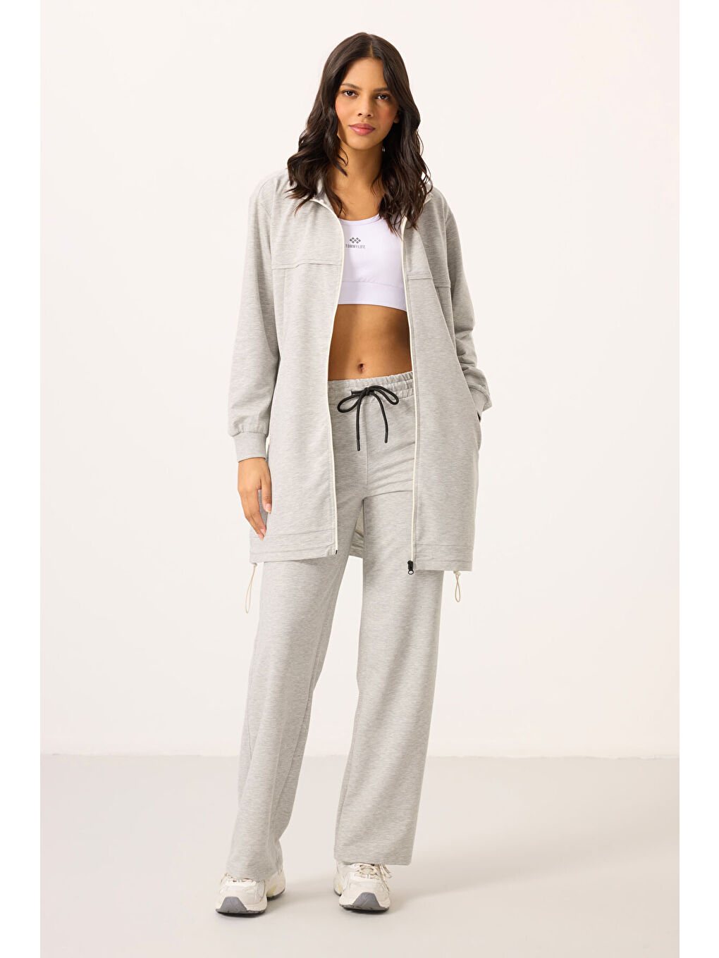 Gri Melanj Dik Yaka Fermuarlı Pamuklu Kadın Eşofman Tunik Takım - 95346