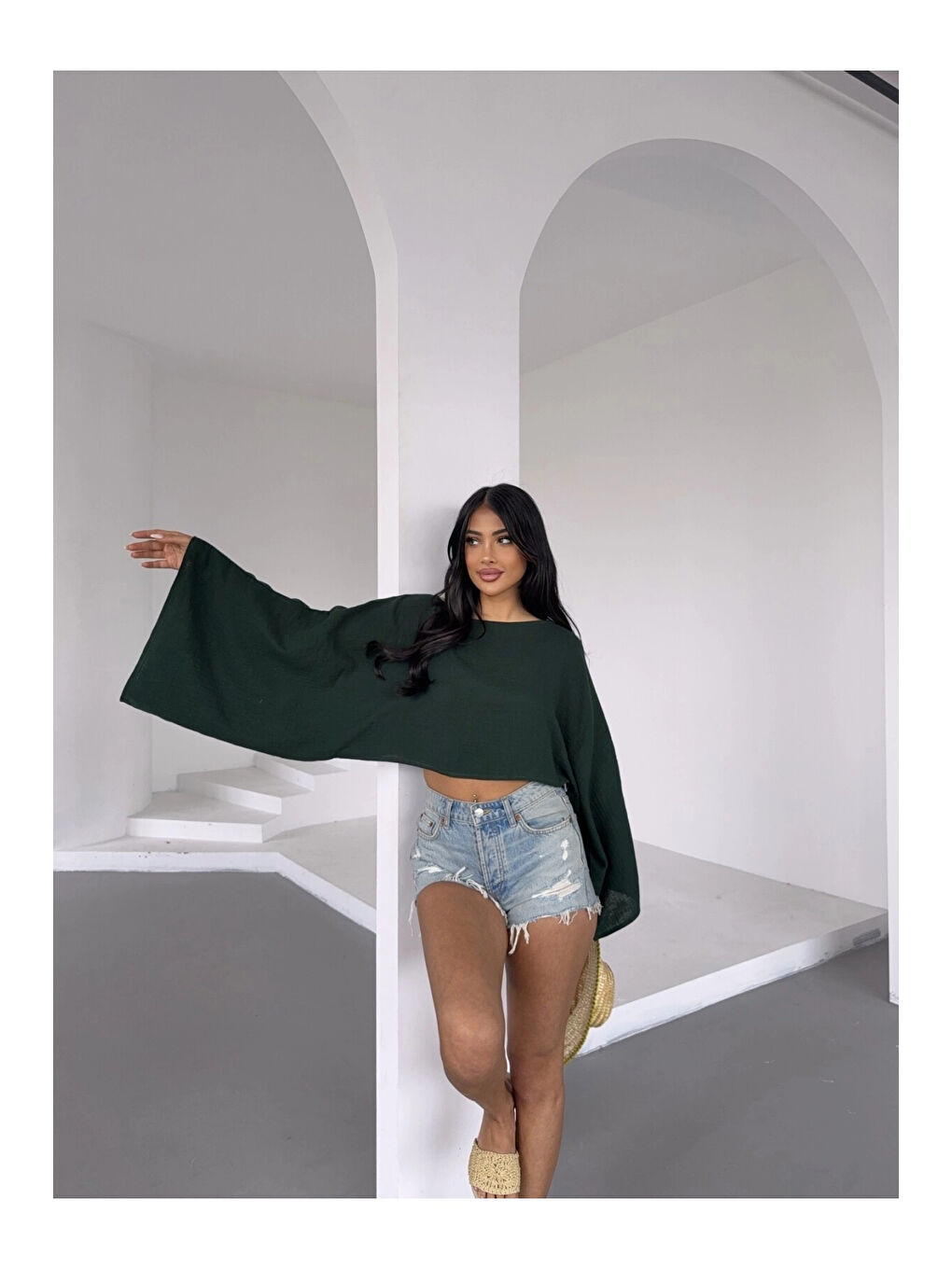 Kadın Zümrüt Yeşil Panço Model Müslin Bluz HZL25S-DSB16161-4