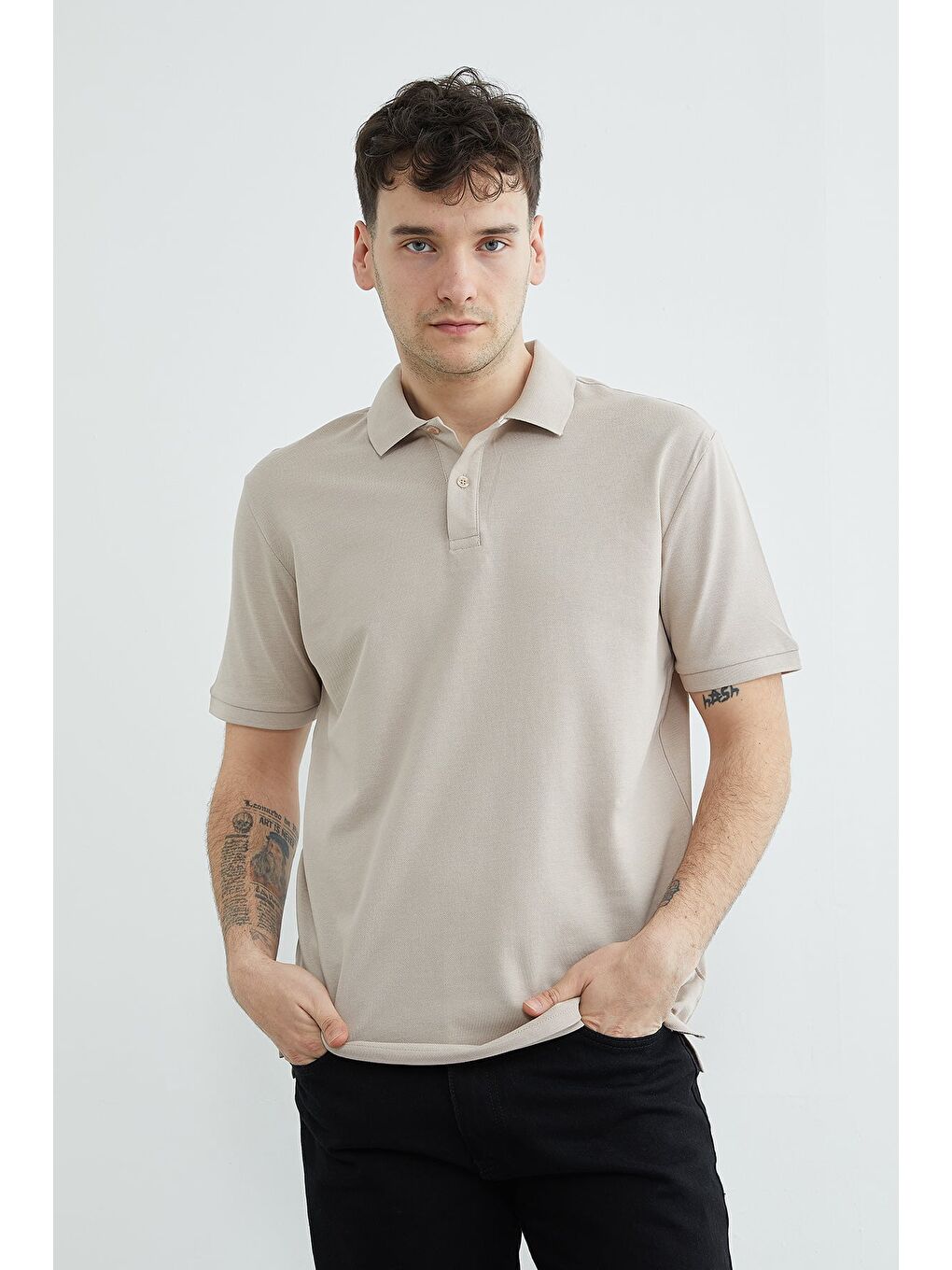 Bej Basic Polo Yaka Pike Tişört-3