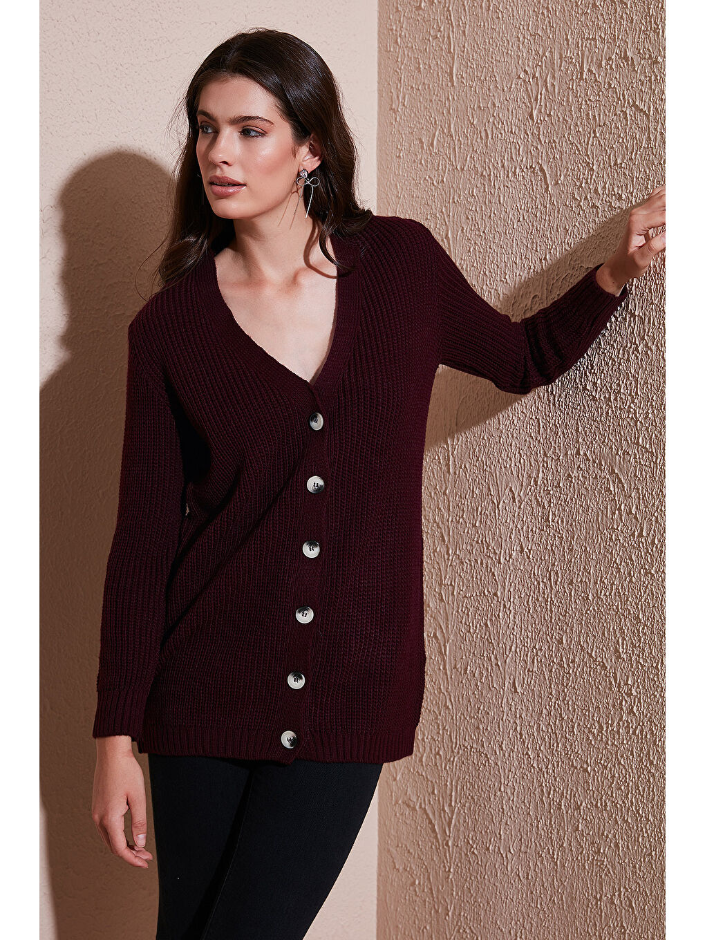 Bordo % 100 Akrilik Triko Örme Uzun Kadın Hırka 4615044