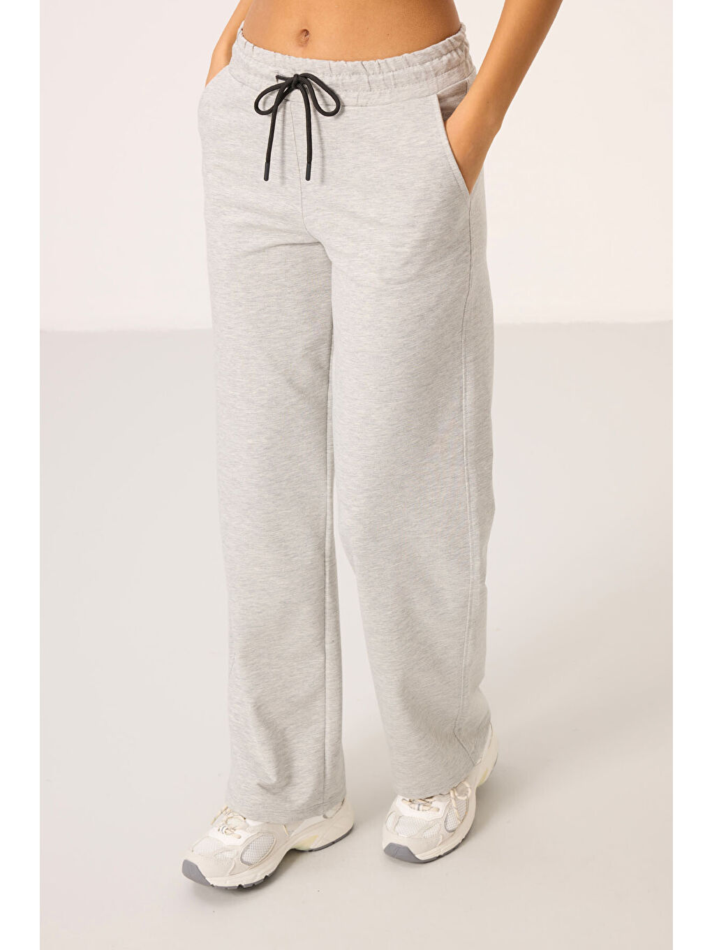 Gri Melanj Dik Yaka Fermuarlı Pamuklu Kadın Eşofman Tunik Takım - 95346-1