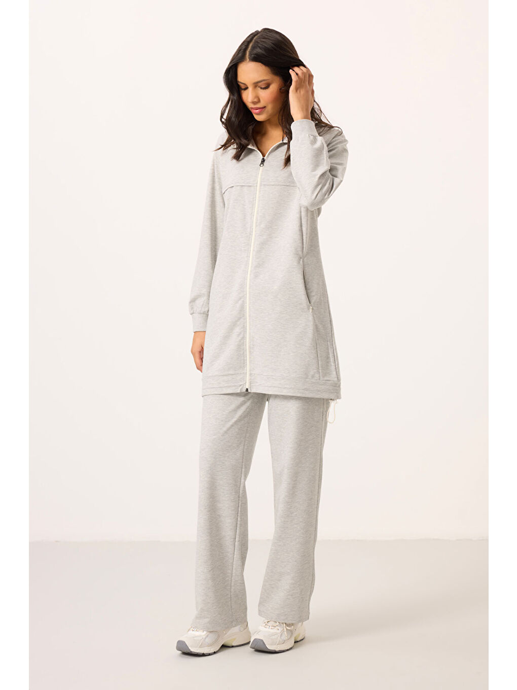 Gri Melanj Dik Yaka Fermuarlı Pamuklu Kadın Eşofman Tunik Takım - 95346-2