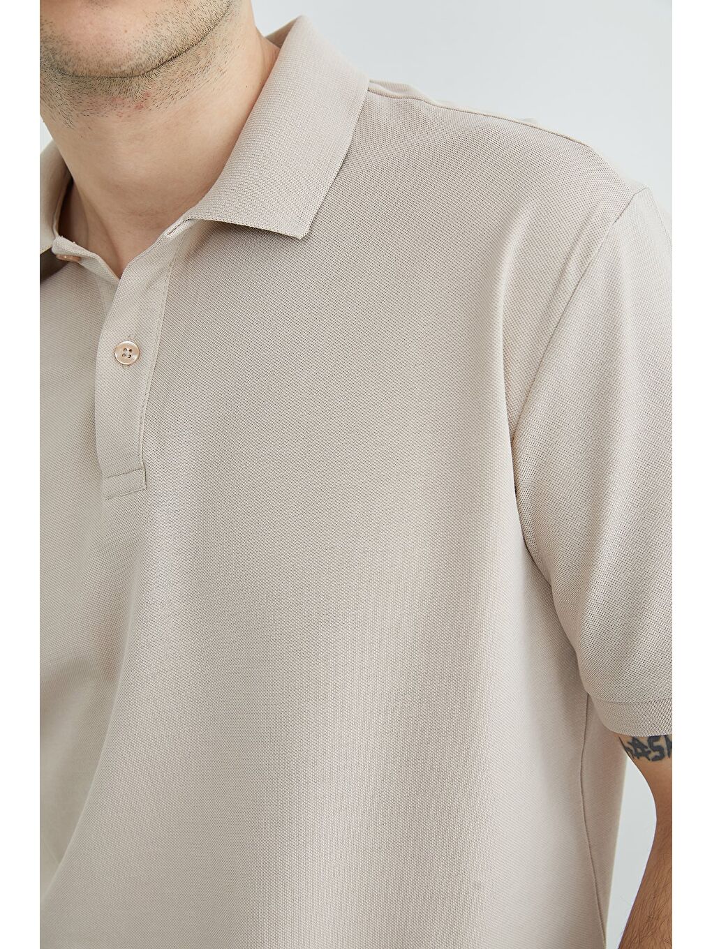 Bej Basic Polo Yaka Pike Tişört-4