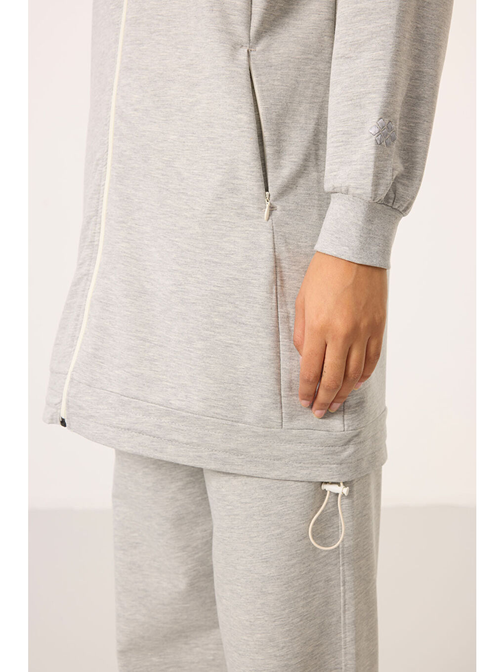 Gri Melanj Dik Yaka Fermuarlı Pamuklu Kadın Eşofman Tunik Takım - 95346-3