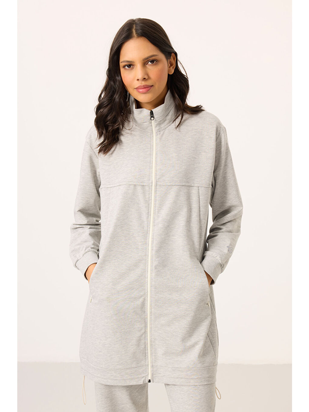 Gri Melanj Dik Yaka Fermuarlı Pamuklu Kadın Eşofman Tunik Takım - 95346-4