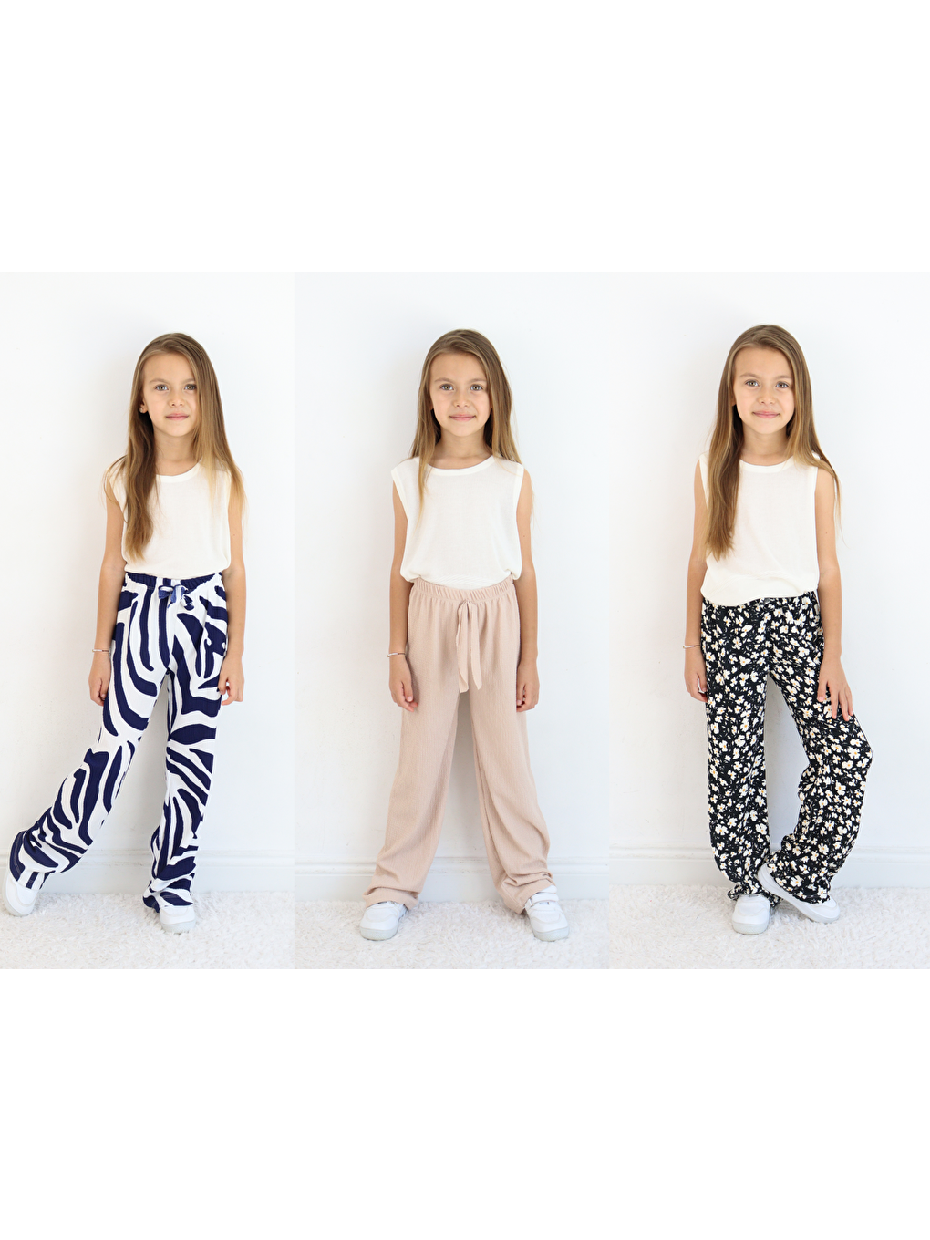 Lacivert Kız Çocuk Bürümcük Kumaş Bol Paça Rahat Model Tek Alt (3'lü Paket)-7