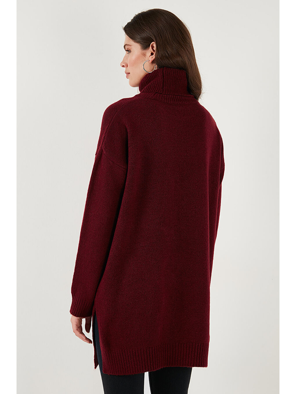 Bordo Regular Fit Yanları Yırtmaçlı Boğazlı Yaka Uzun Triko Kadın Kazak 4616141Y-6