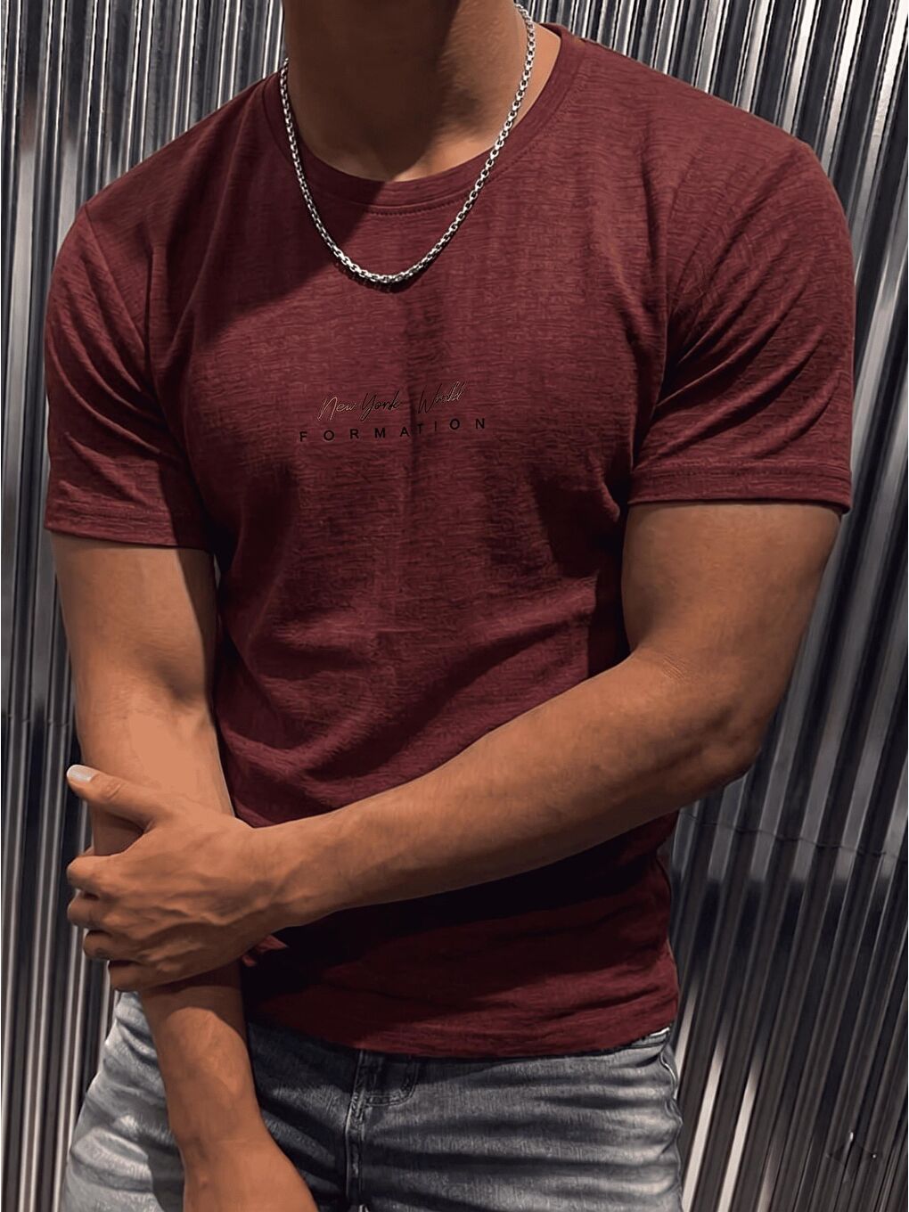Bordo Formation Flok Baskılı Kabuk Desen Slim Fit Erkek Elastanlı Tişört-1