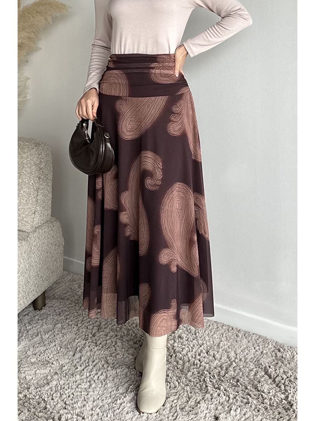 Kahverengi Bel Büzgü Detaylı Desenli Tesettür Kiloş Etek-2